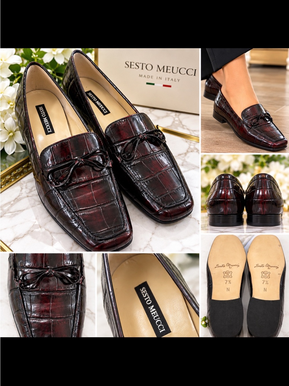Sesto Meucci Men's Burgundy Croc-Embossed Leather Loafers with Bow